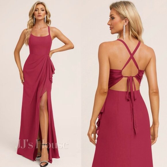 NWT JJ’s House A-line Ruffle Tie-Back Chiffon Maxi Dress in Cinnamon Rose | 4 - Picture 1 of 6